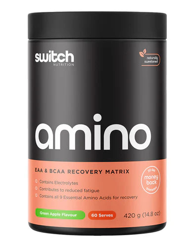 Switch Nutrition Amino Switch green apple flavored amino acid powder in a 60-serving container, front view.