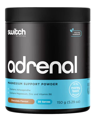 Switch Nutrition Adrenal Switch powder in chocolate flavor, showing a container of dietary supplement powder for adrenal health.