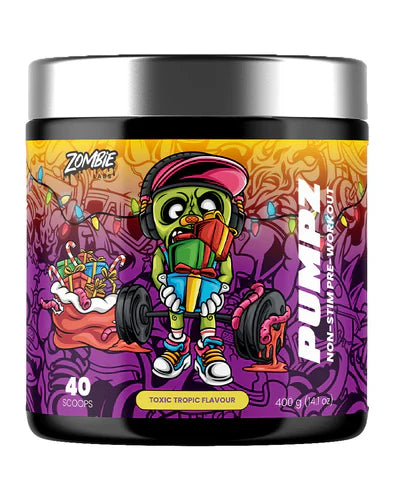 Toxic Tropic Zombie Labs PumpZ pre-workout supplement with tropical flavor, 40 serving size, in a black container with vibrant label.