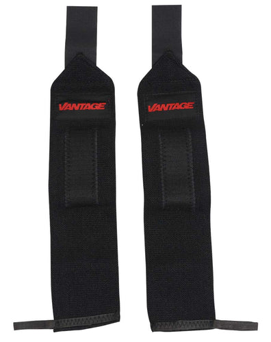 VANTAGE wrist support wraps with thumb loop in black, designed for wrist stabilization and support during workouts.