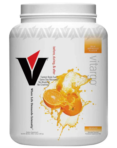 VITARGO sports nutrition powder in orange flavor, 50-serving bag, featuring the VITARGO brand logo on the packaging.