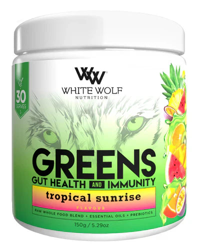 White Wolf Nutrition Greens powder in a 150g tropical sunrise flavor package, showing vibrant green supplement powder.