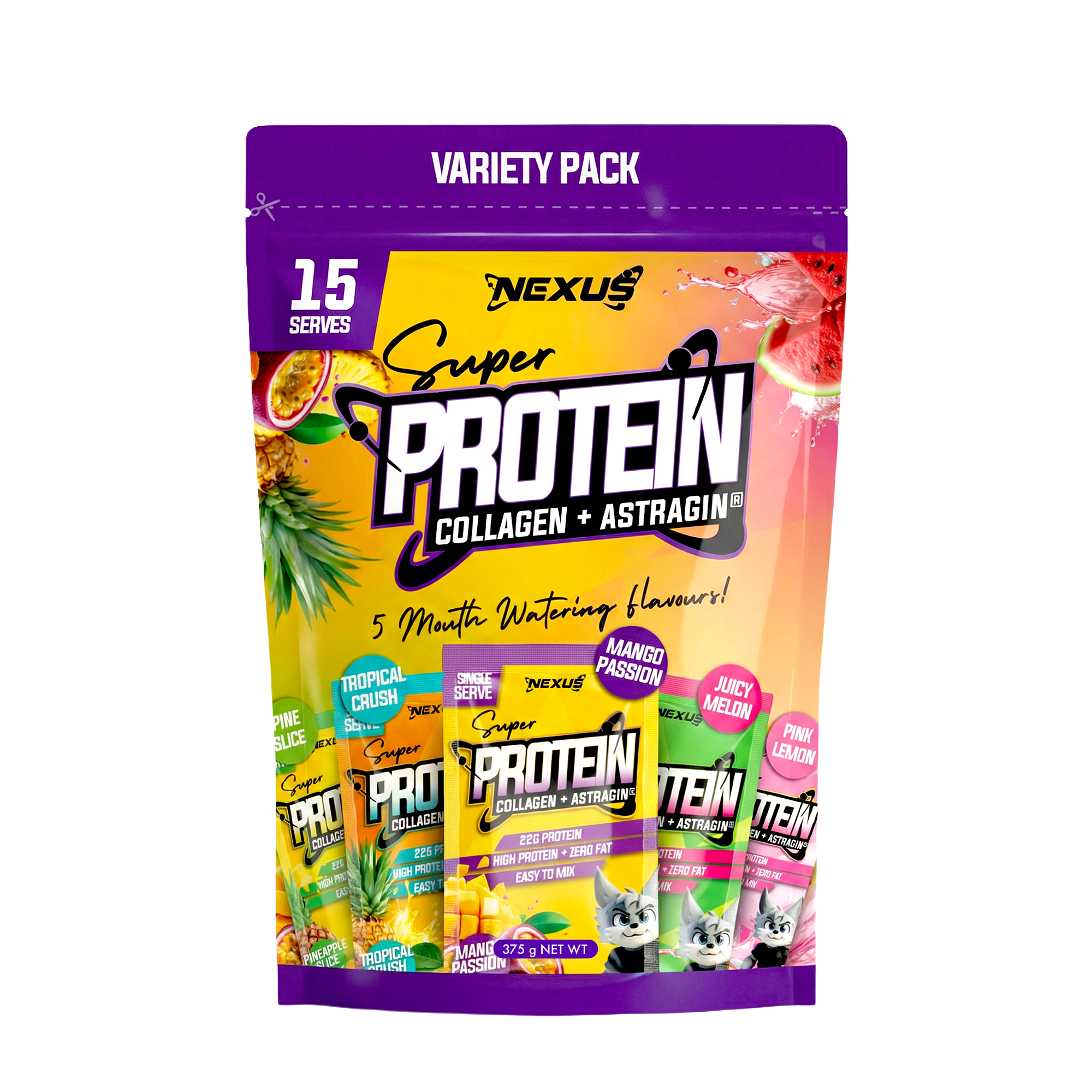 Assorted Nexus Sports Nutrition Protein Water variety pack featuring multiple bottles of flavored protein water drinks.