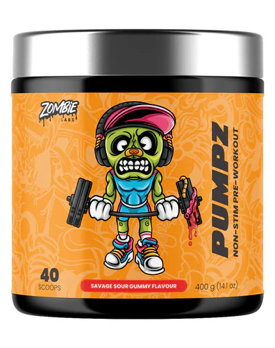 Zombie Labs Pumpz sour gummy candies in bright packaging, featuring zombie-themed design and colorful gummy shapes.