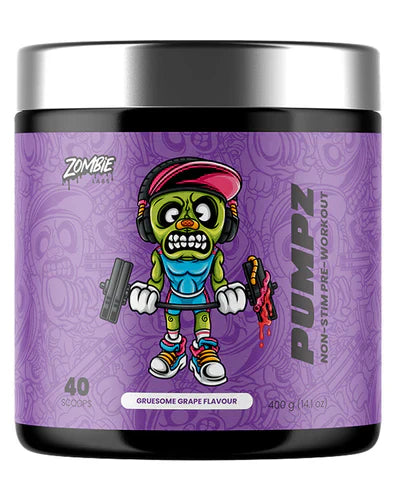 Zombie Labs Pumpz gruesome grape zombie-themed energy drink can with purple and green design elements.