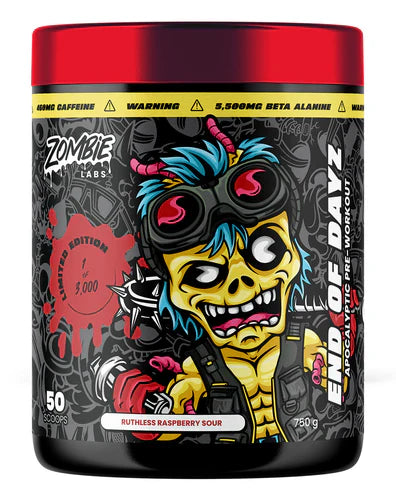 ZOMBIE LABS End of Days zombie-themed sour candy packaging featuring a dark, edgy design with the Ruthless Raspberry Sour flavor.