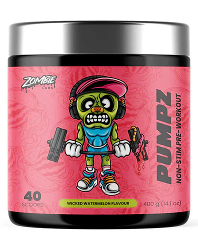 Zombie Labs Pumpz Wicked Watermelon vape juice bottle with label featuring green and red watermelon-themed design.