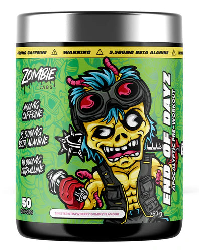 Zombie Labs End of Days Sinister Strawberry Gummy in clear packaging, featuring bright red gummy candies with zombie-themed branding.
