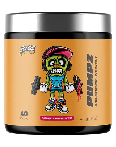 Zombie Labs Pumpz Raspberry energy drink in a colorful can with zombie-themed graphics and branding.
