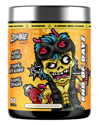 Zombie Labs End of Days Manic Mango Nectar energy drink can with vibrant label design and colorful branding.