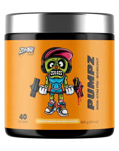 Zombie Labs Pumpz Mango supplement container with bold zombie-themed design, labeled as ZOMBIE LABS product.