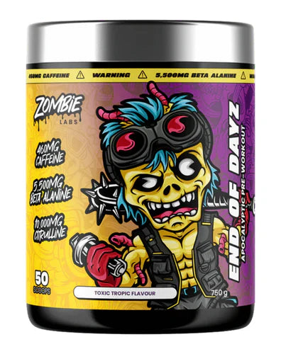 ZOMBIE LABS End of Days supplement container with zombie-themed design, labeled Toxic Topic, 50 servings, black and red packaging.
